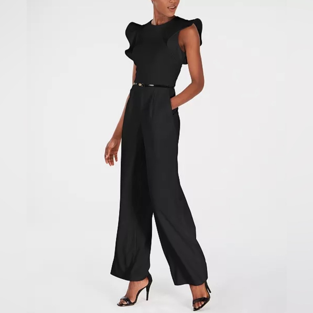 Calvin Klein Belted Ruffle-Sleeve Black Women's Jumpsuit